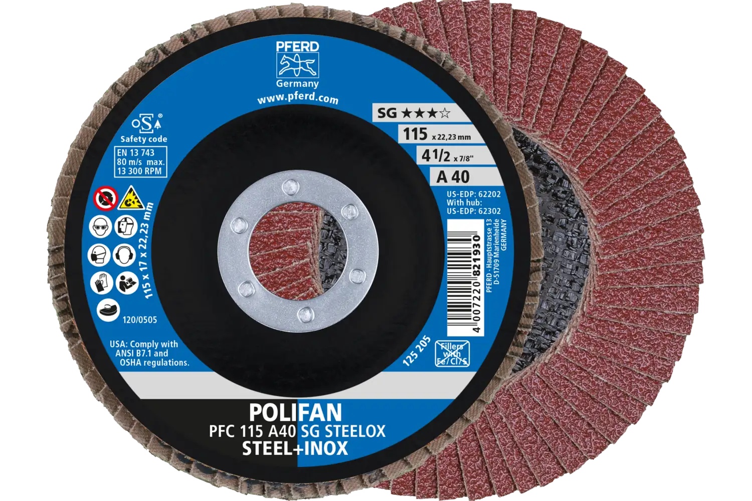 Picture of Pferd Flap Disc, 4-1/2" x 7/8, A SG Steelox, 40 Grit, T29, Conical, Aluminum oxide